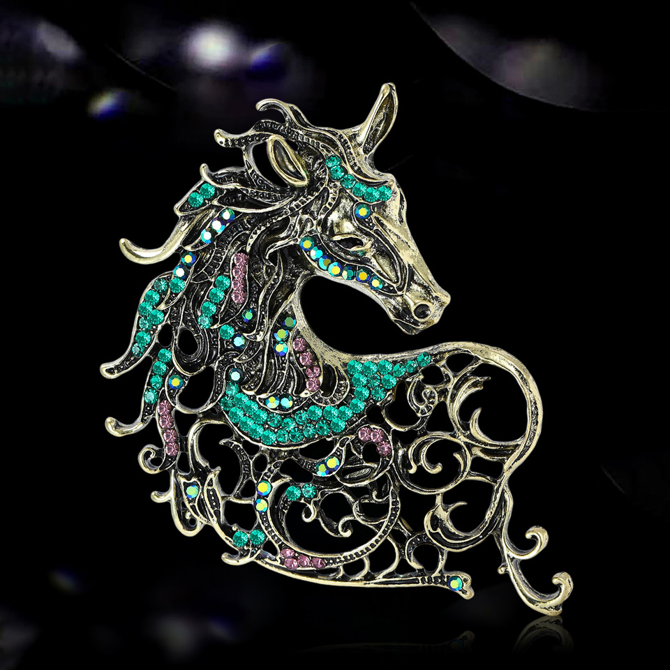  Fashion Rhinestone Horse Brooches for Women Unisex Zodiac Animal Pins Keychain Event Party New Year Gifts Jewelry Accessories 