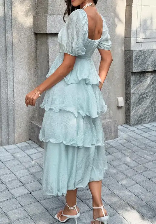 Vestidos Femininos 2026 Primavera Verão Novo Vestido Longo Casual de Cor Sólida com Decote Quadrado, Manga Bufante, Cintura Alta e Costas Abertas em Camadas