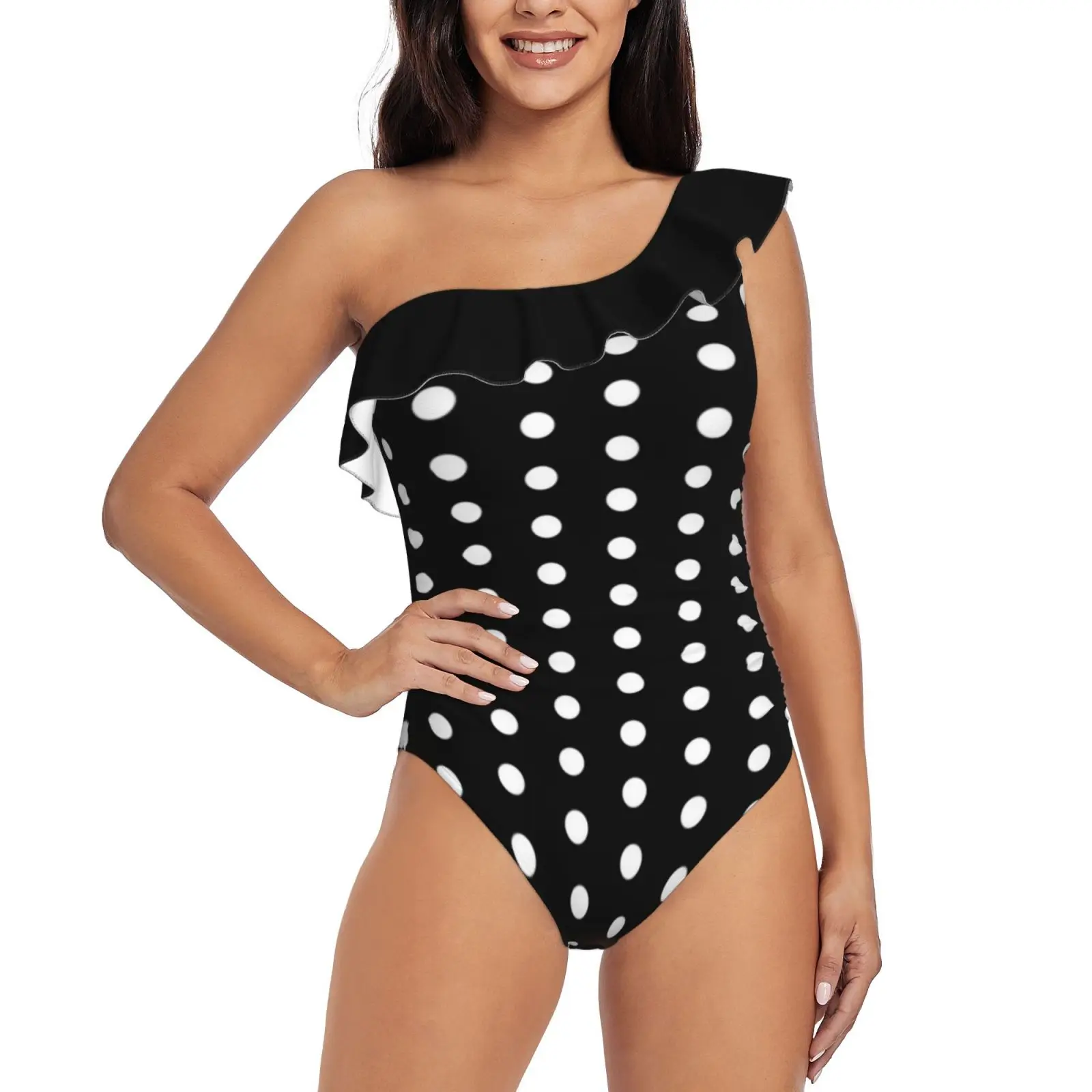 

Black With White Polka Dots Dress One-Piece Swimsuit One Shoulder Ruffle Swimsuit Sexy Monokini New Girl Beach Swimwear White