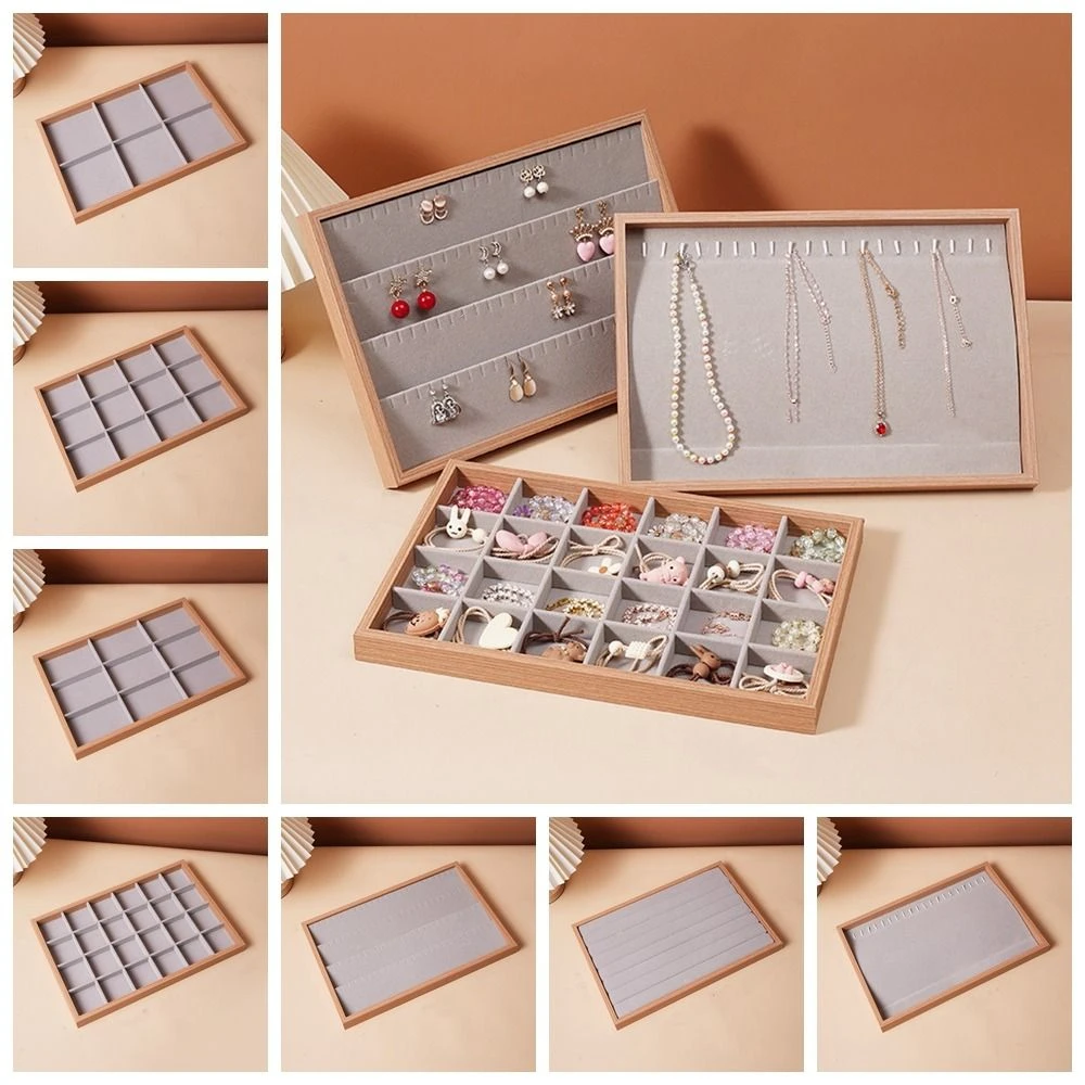 Large Wood Jewelry Display Tray 6/9/12/24 Grids Exquisite Wood Organizing Box Checkered Ear Studs Case Necklace Storage Box Desk