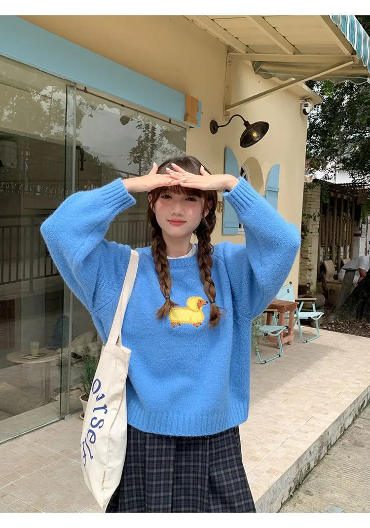Bild 5: Amerika Hip Hop Lustige Hund Stickerei Cartoon Gestrickte Pullover Gelb Rundhals Bluse Adrette Lolita Mädchen Frauen Winter Tops