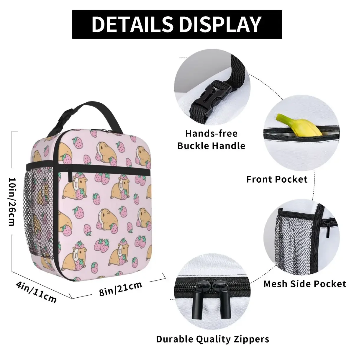 Bestselling Pink Guinea Pig And Strawberry Pattern Solid Color Foldable Lunch Bag Middle School Carry Lunch Bag