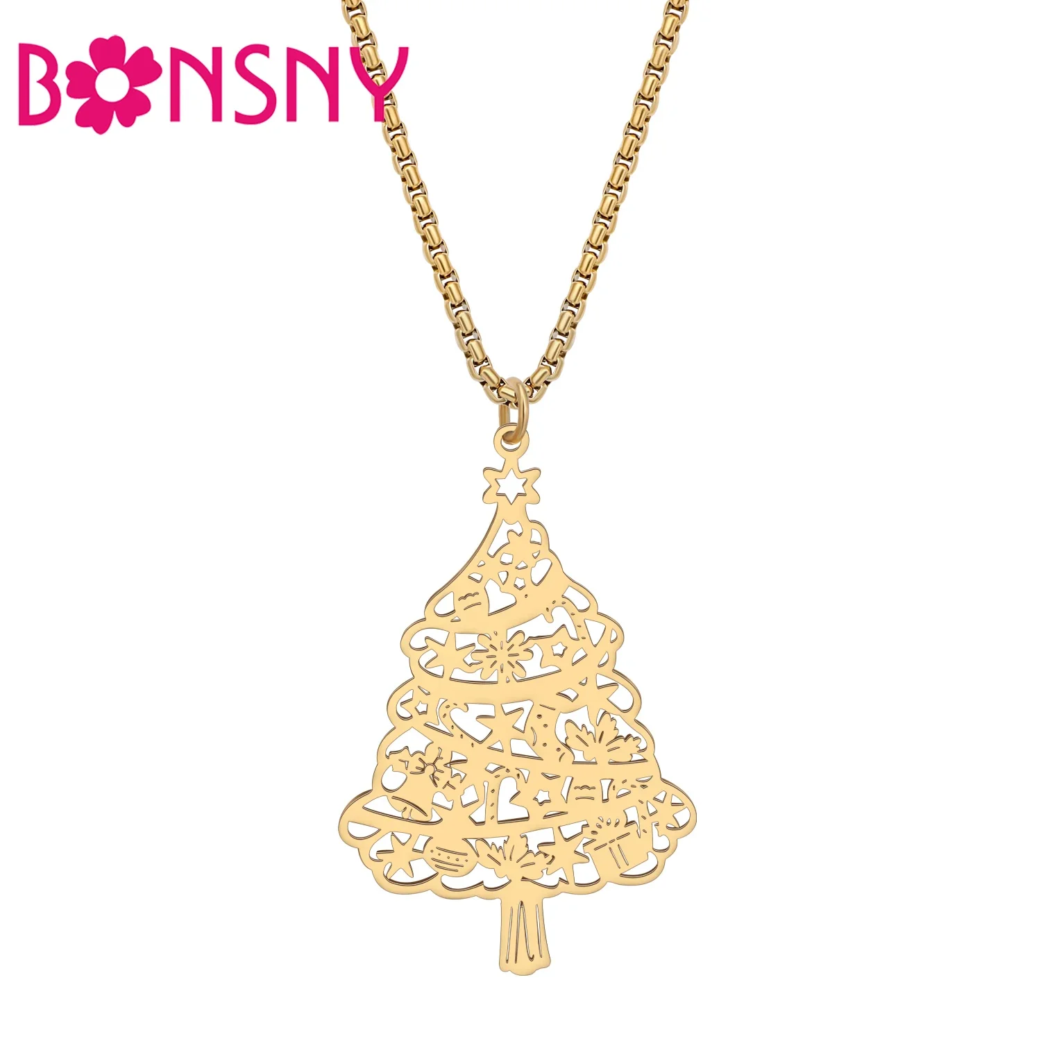 

BONSNY Stainless Steel Christmas Tree Necklace 18K Gold Silver Plated Pendant Fashion Jewelry for Women Girls Party Holiday Gift