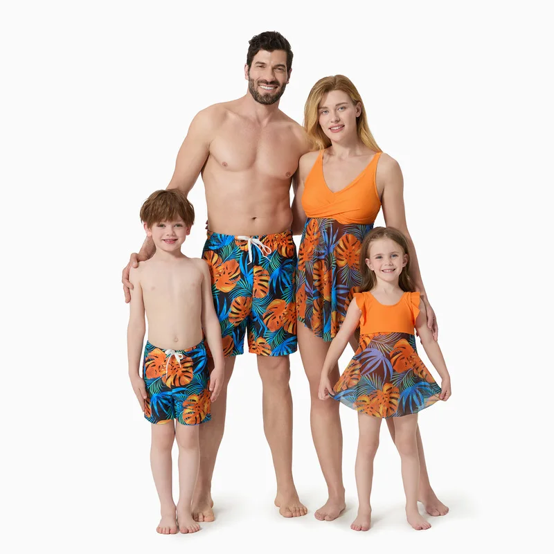 

Family Matching Floral Drawstring Swim Trunks or Flowy Spliced Mesh One-piece Swimsuit