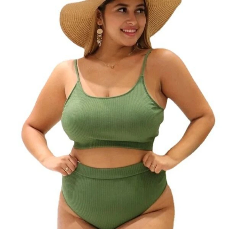 Plus Size Women 2 Piece Bikini Set Ribbed Cami Crop Top High Waist Swim Bottom Two Piece Bathing Suit