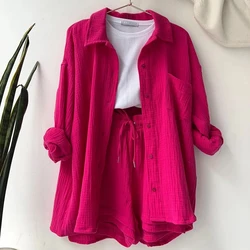 Solid Pleated Two Piece Set Pajamas for Women Summer Two Piece Suit Sleepwear Long Sleeve Short Sets Fashion Button Outfits Suit