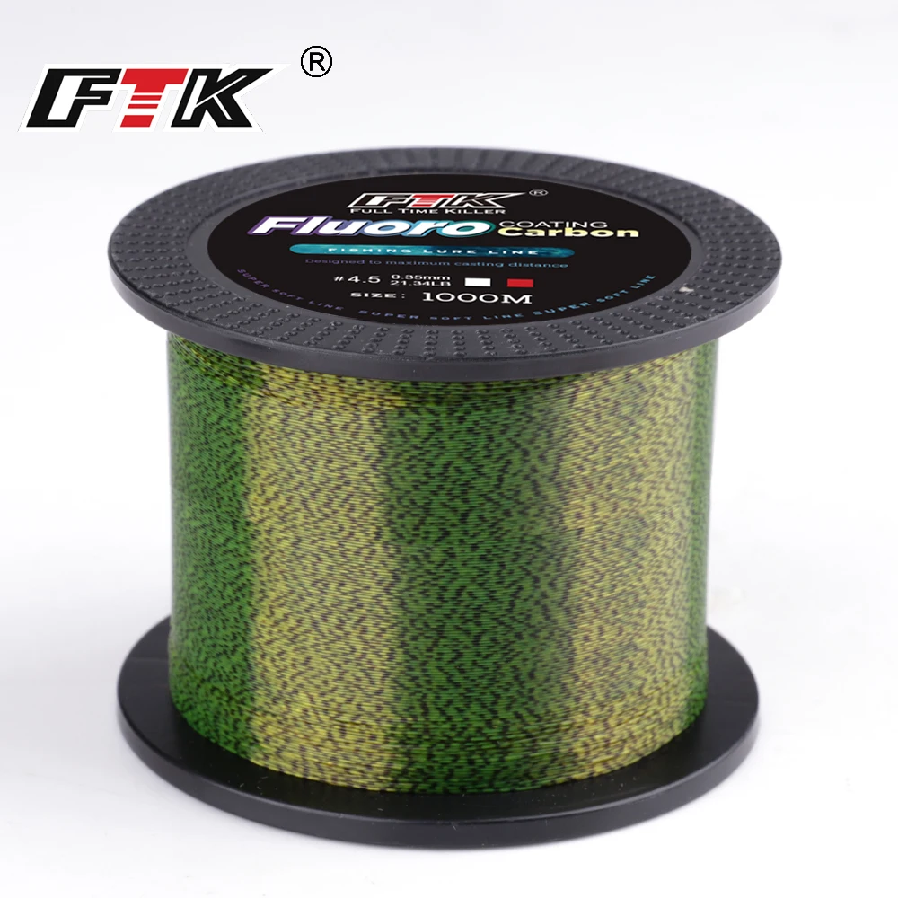 FTK Grüne Tarnfarben-Sprenkel-Unsichtbare Angelschnur 1000M Fluorocarbon-Beschichtung Nylon-Monofilament für Karpfen- und Meeresköderangeln
