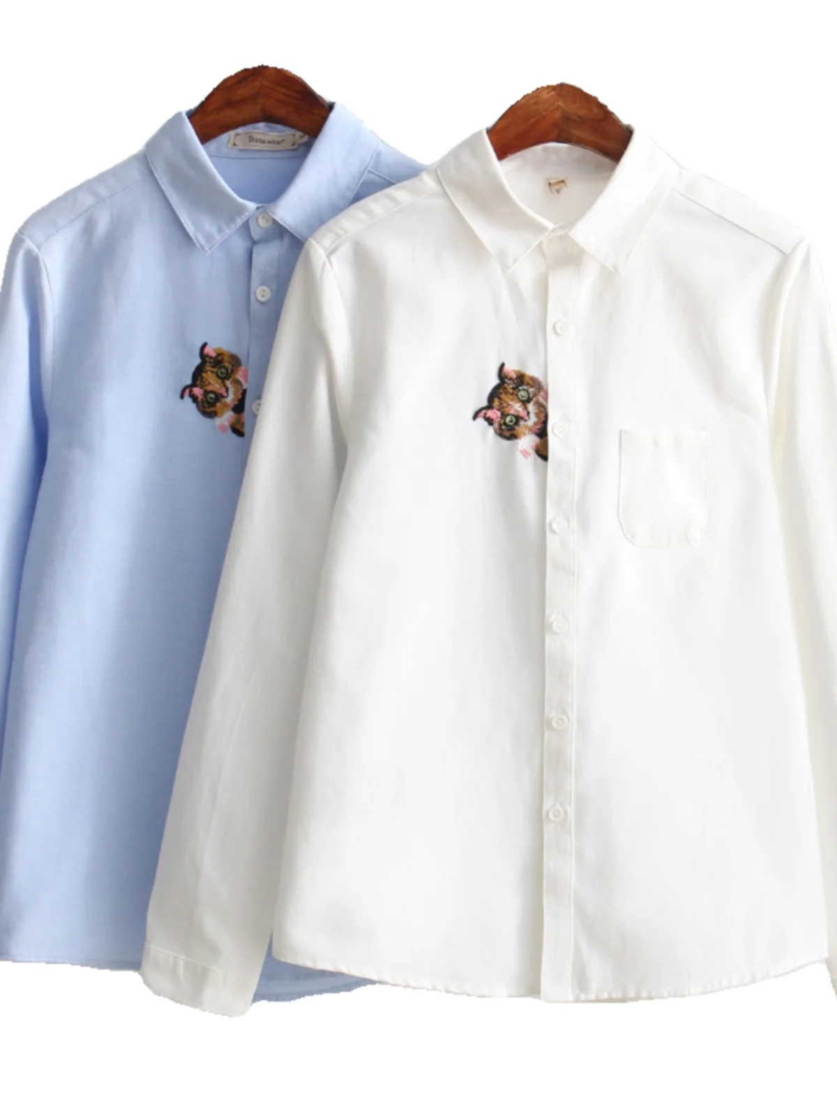 자수 장식 롱 슬리브 여성용 봄 2024 한국 스타일 예술적 베이스 레이어 화이트 셔츠 학생용 폴리에스터 원단