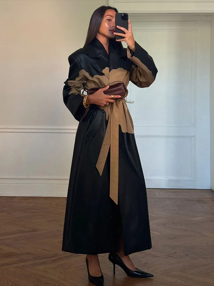 

Elegant Patchwork Leather Long Coats Women Vintage Lace Up Lapel Single Breasted Jacket 2025 Autumn Winter Fashion Lady Outwear