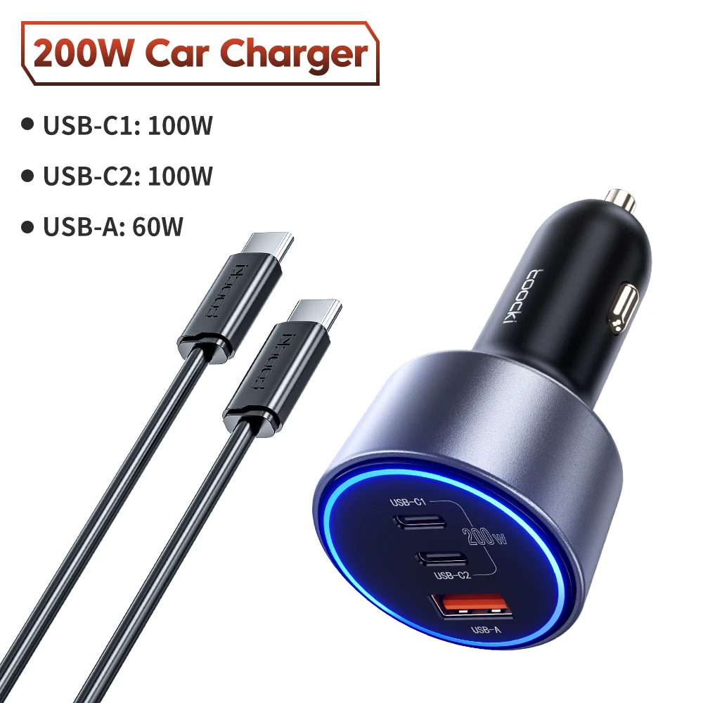 Toocki 200 W USB C Autolader Voor QC4.0 PD3.0 Super Opladen LED Multi-Poort Type C Auto telefoon Oplader Voor Samsung S23 iPhone 15