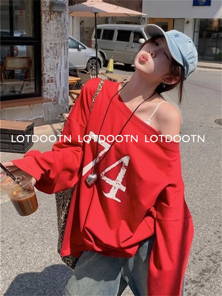 LOTDOOTN Vintage Style Red Long Sleeve TShirt Women Autumn New Two-Sided Wear Off-The-Shoulder Top Aesthetic Sexy Y2k Top Female