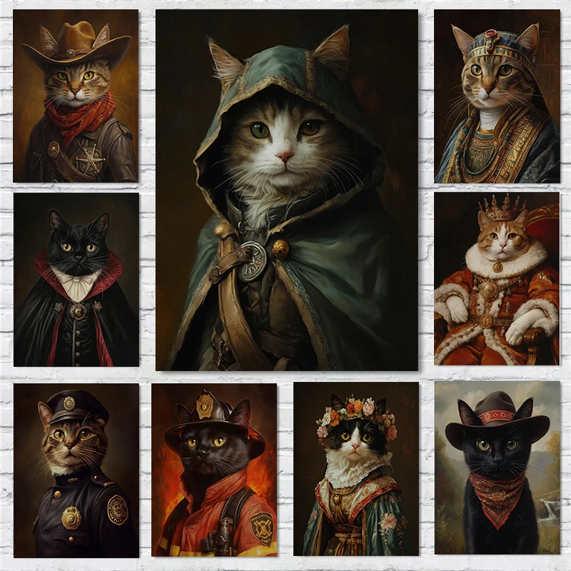 Katzen-Kunstposter im Renaissance-Stil, Lustige Katzen-Drucke, Leinwandgemälde, Anime-Kunstbilder