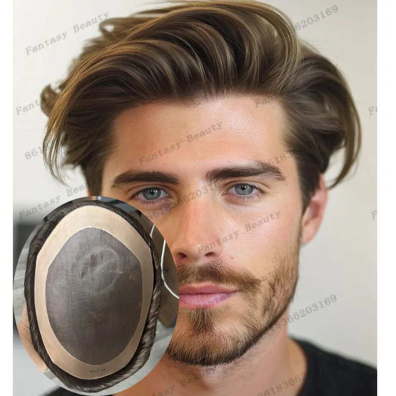 #4 Light Brown Blonde Strong Mono Base Men Toupee Natural Hairline 100% European Human Hair Wigs Super Durable Wavy Hairpieces