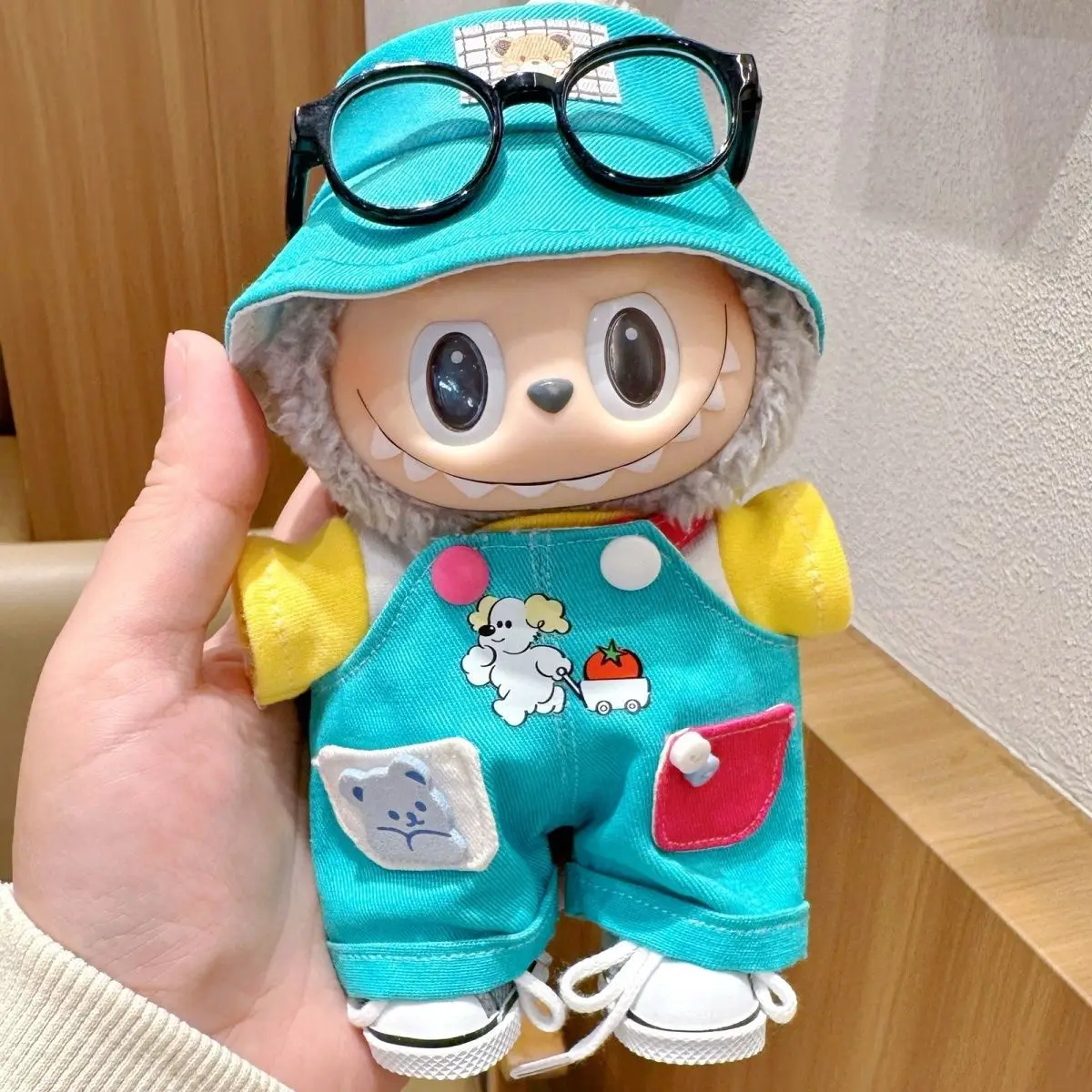

15 /17 Cm Labubu Doll Clothes Accessories For 1st/2nd/3rd Gen Mr. Puppy Blue And White Overalls With Hat Set