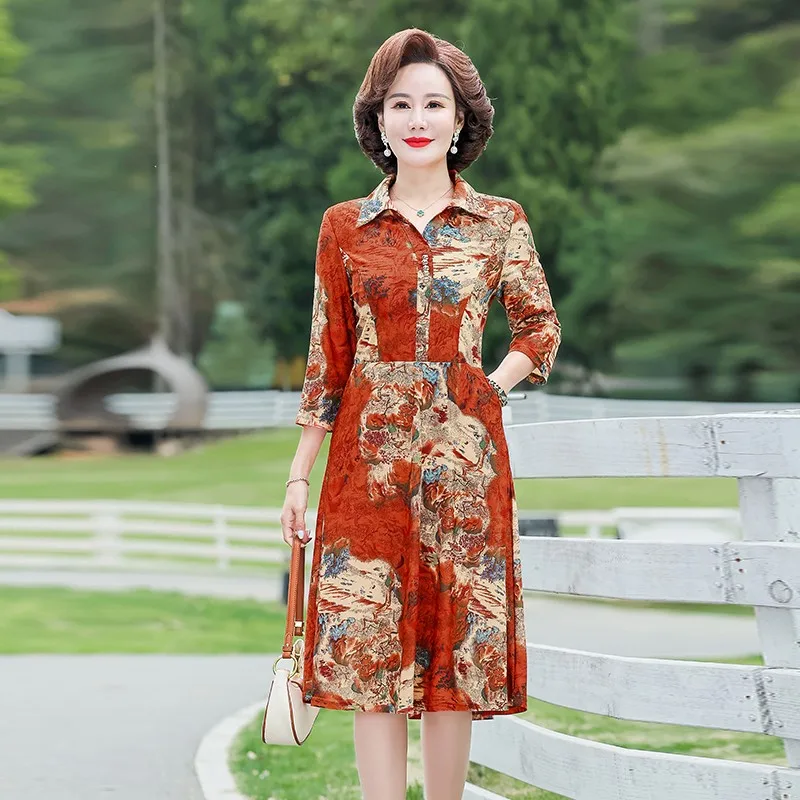 Middle Aged Women Vintage Floral Print Elegant Slim Three Quarter Sleeve /Long Sleeve Shirt Midi Dress Spring Casual Dresses