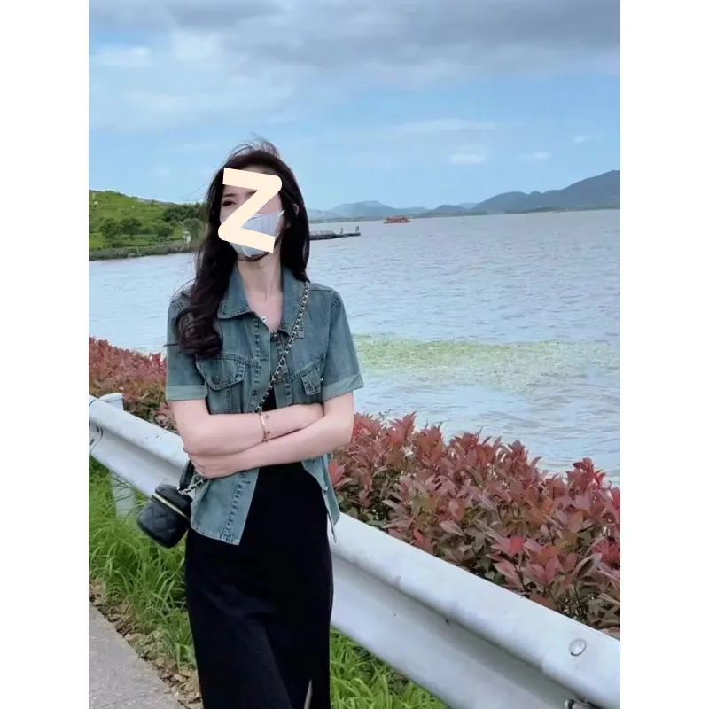 Denim Coats Woman Long Womens Autumn Patchwork Twill Trendy Subcultures Button-Up College Leisure Travel Epaulettes Checked Chic