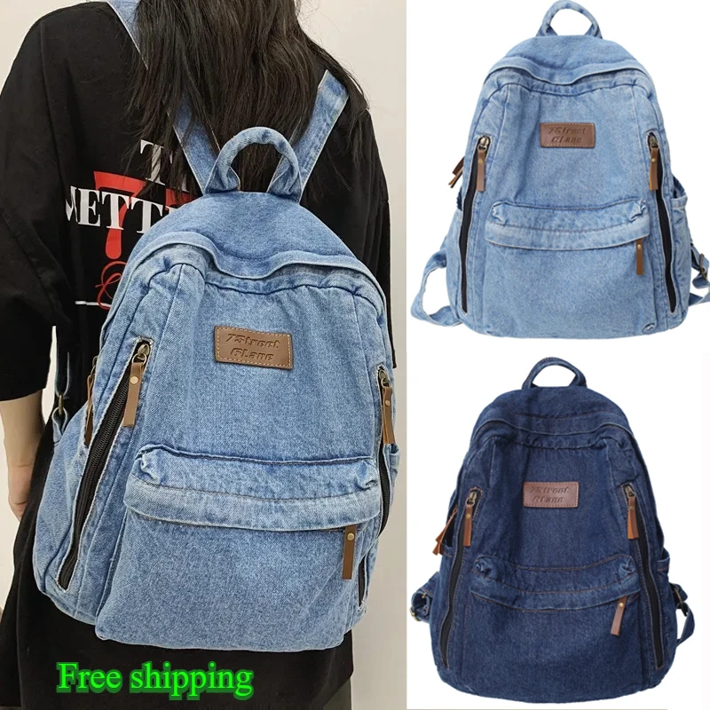 School Trend Student Jeans Bag Denim Fashion Backpacks Multi Pockets Large Capacity Rucksack Mochila De Escola Feminina