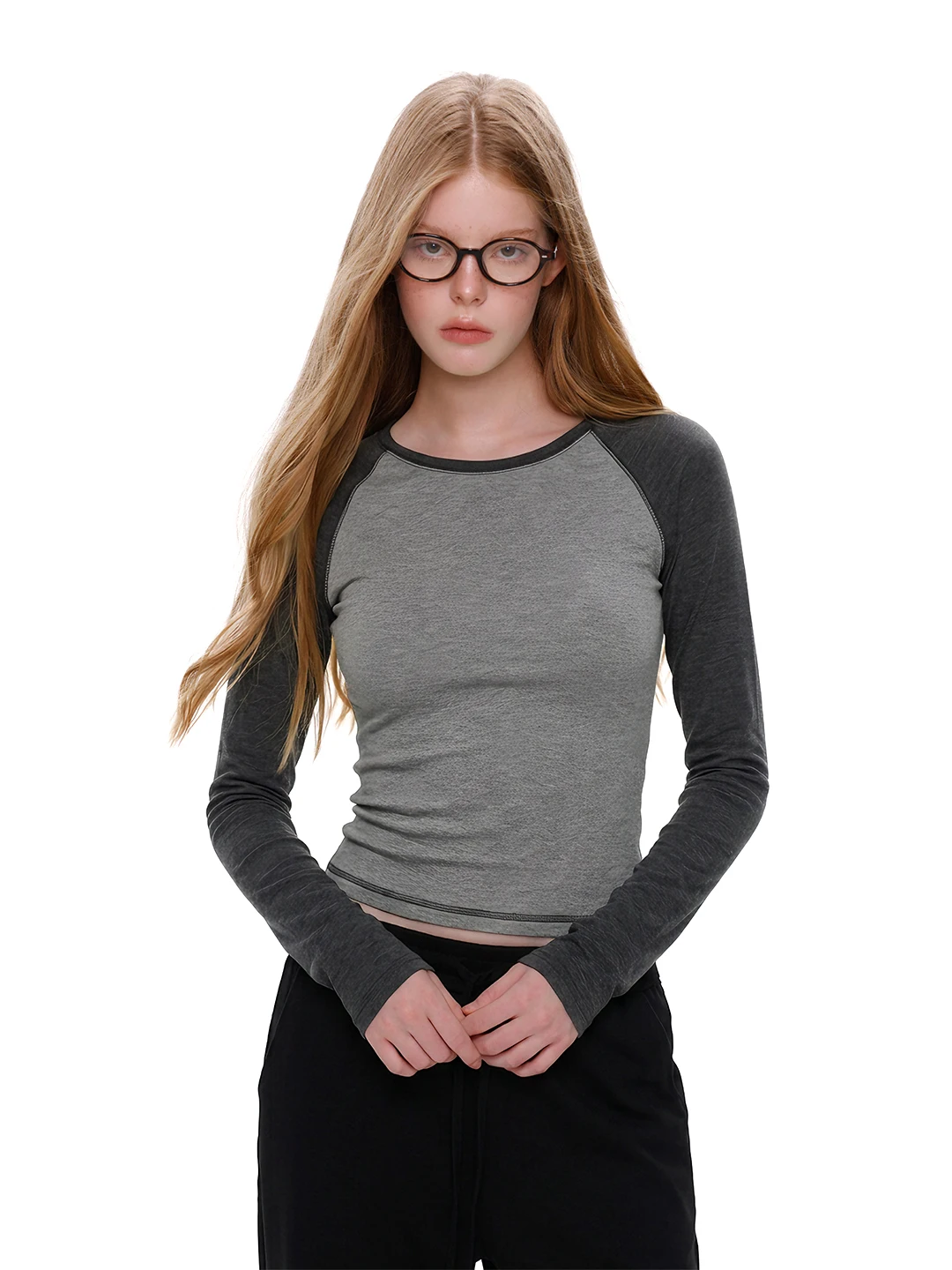 UNCMHISEX American Color Block Slim Fit Long Sleeve Women's T-shirt Waist Cinching Shoulder Width Regular round Neck Base Shirt