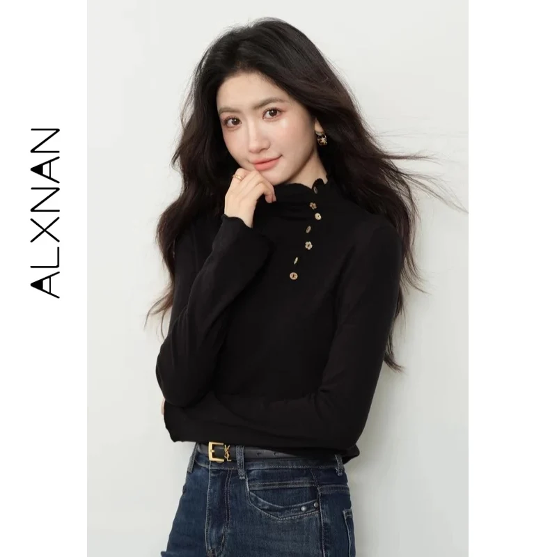 

ALXNAN женский пуловер, черная водолазка с деревянным цветком и пуговицами, базовая футболка с длинными рукавами, элегантные модные футболки с высоким воротом L57528-1