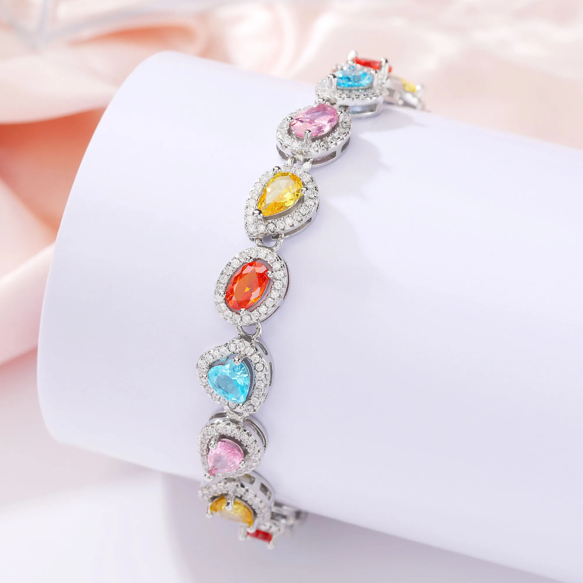 

Lovely Pear+Oval+Heart Shape Rainbow Color Fusion Gemstone Bracelet 18K White Gold Plated Women's Jewelry Bracelet