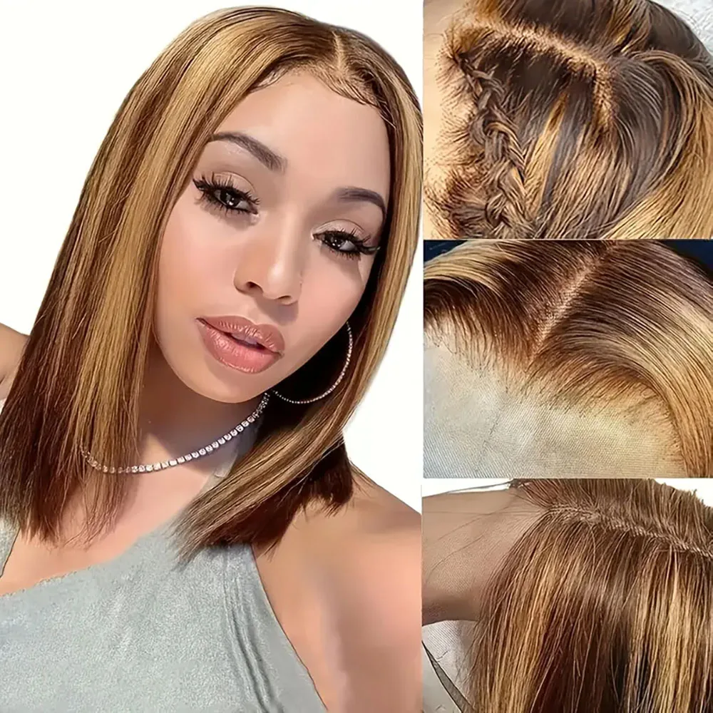 200 Dichte 4/27 Highlight Bob Perücken Glattes Echthaar 13x4 Transparente Lace Front Perücken für Frauen