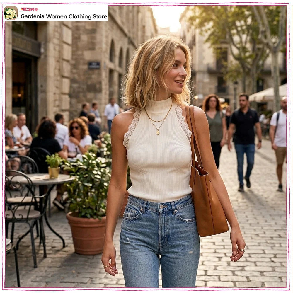 Elegant Chic Lace Rib Tops for Women Stylish Mock Neck Sleeveless Tops with Tonal Lace Appliqué Summer Sexy Slim Fit Dating Tops