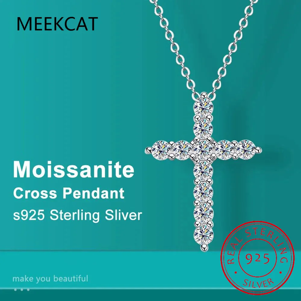 Colar completo com pingente de cruz de moissanite, corrente original de prata esterlina 925 banhada a ouro branco 18k para mulheres, joias finas