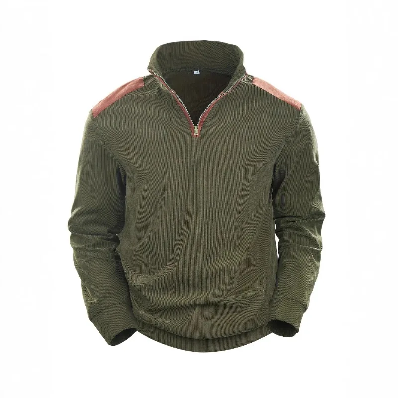 New High Quality Corduroy Men's Stand Collar Hoodie, Business Casual Retro Men's Long Sleeve Polo Shirt, Army Green Men's Shirt