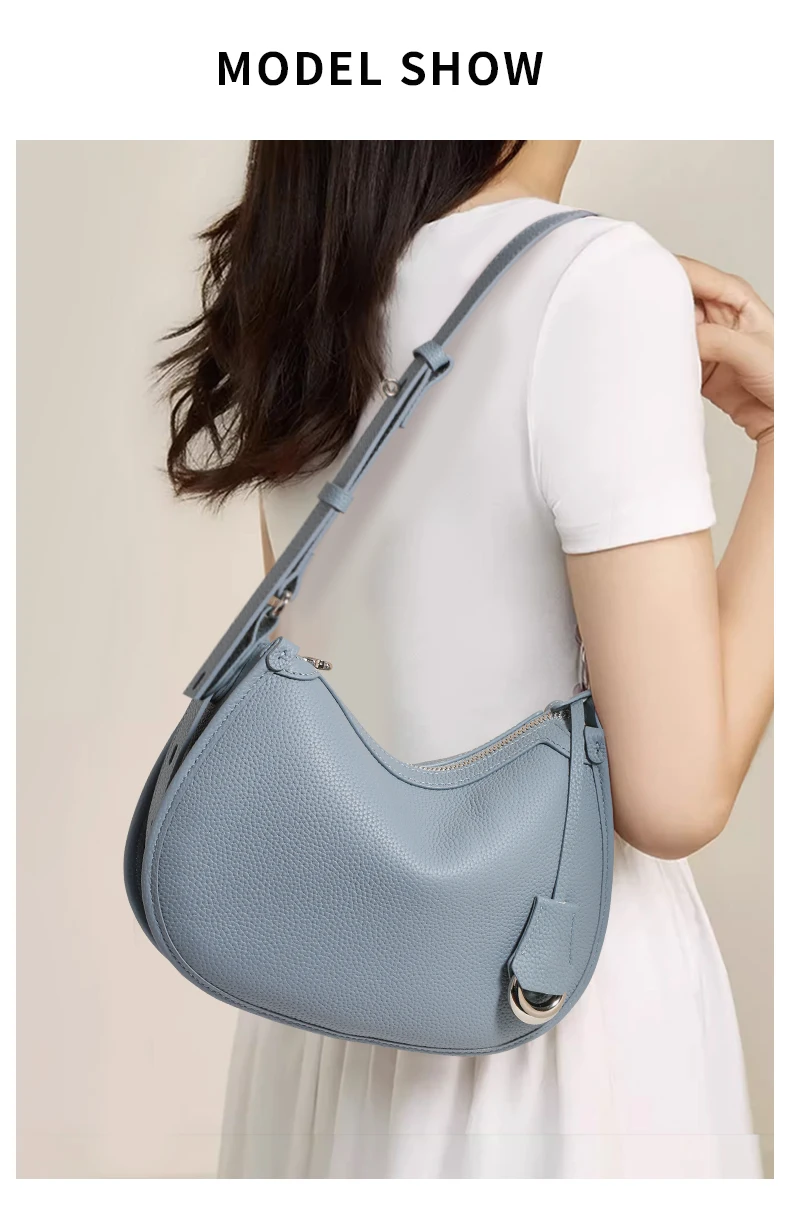 Neue hochwertige Leder-Halbmondtasche für Damen mit diagonalen Klettverschlüssen aus Rindsleder, Handtasche mit Schulterriemen und Achseltaschenfunktion. – Detail 1