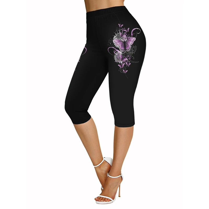 

Dressfo Women's Black Yoga Capri Pants Sparkling Butterfly Print Casual Capri Leggings Elastic Waist Skinny Cropped Leggings