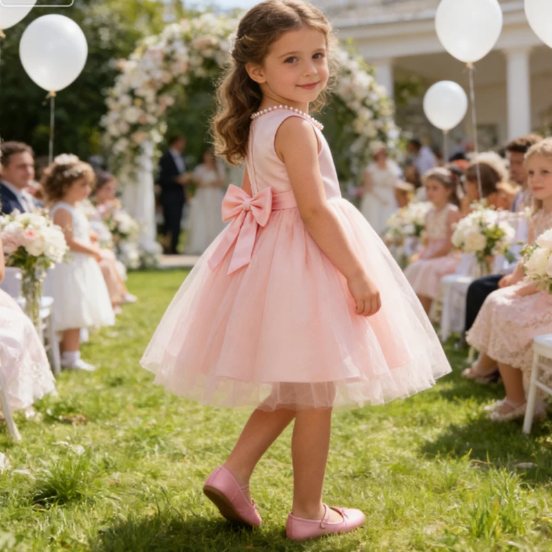 White Dress For Girls Elegant Pearl Princess Dress Kids Bridesmaid Dress Pageant Party Big Bow Gown Girls First Communion Dress