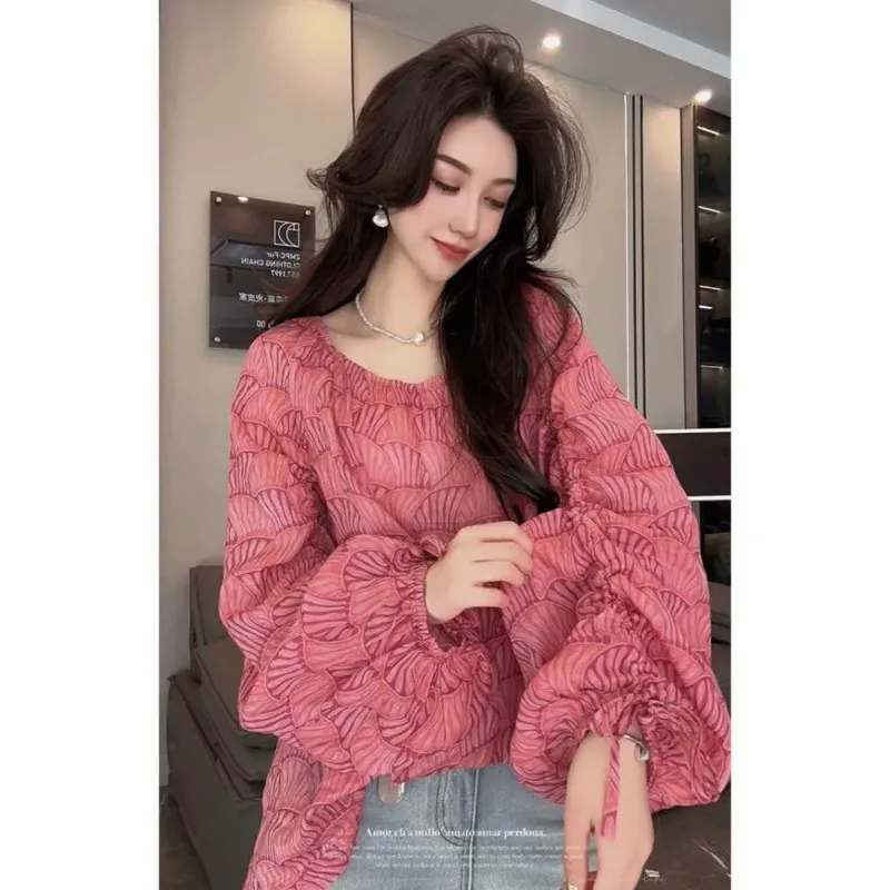 

Женская розовая текстурированная блузка с пышными длинными рукавами, круглым вырезом и свободным кроем, повседневный топ