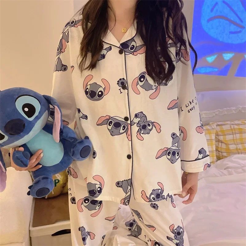 Disney Stitch spring and autumn new pajamas female cute cartoon loose imitation cotton sweet outside loungewear set