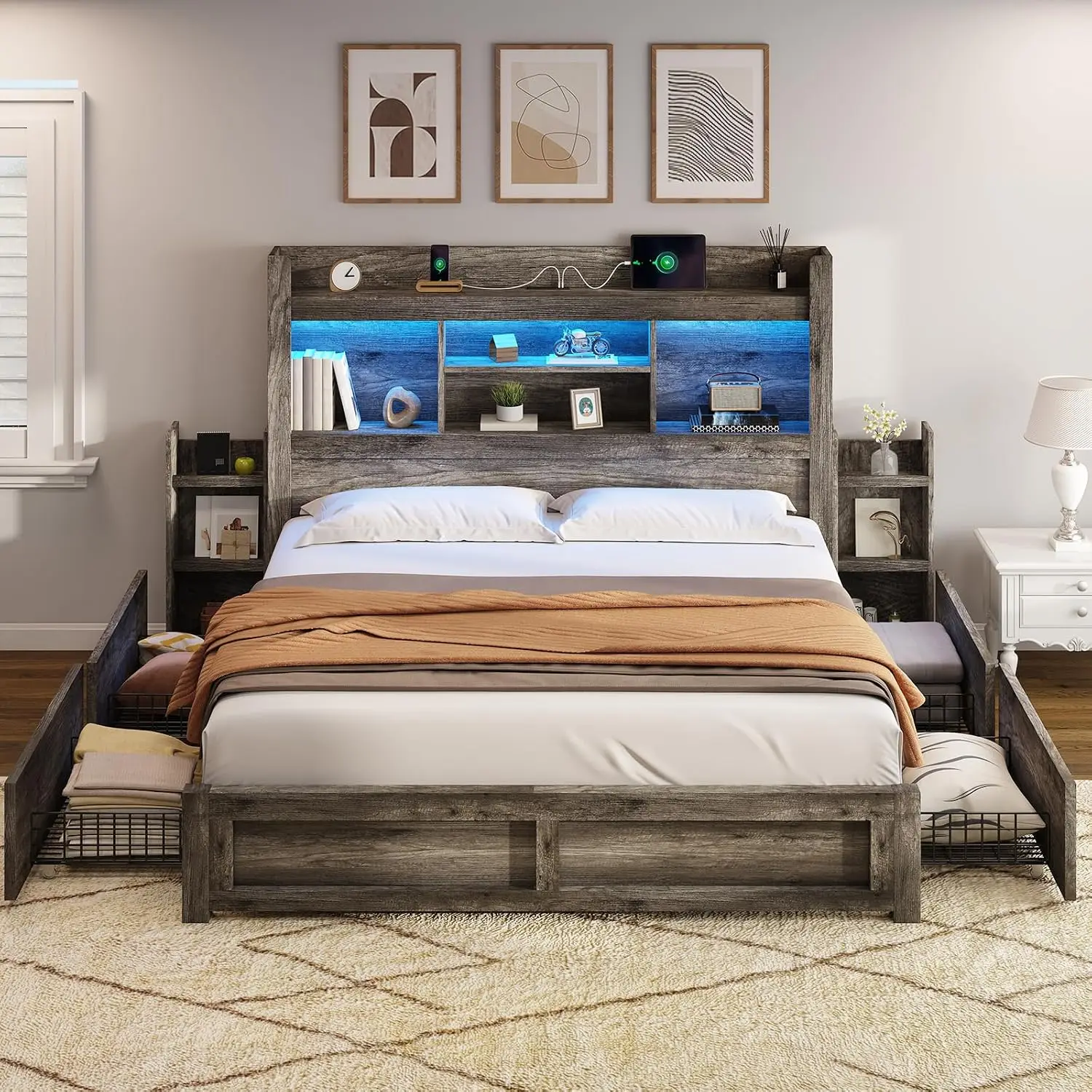 Queen Bed Frame with Bookcase Headboard & Storage, 49.6