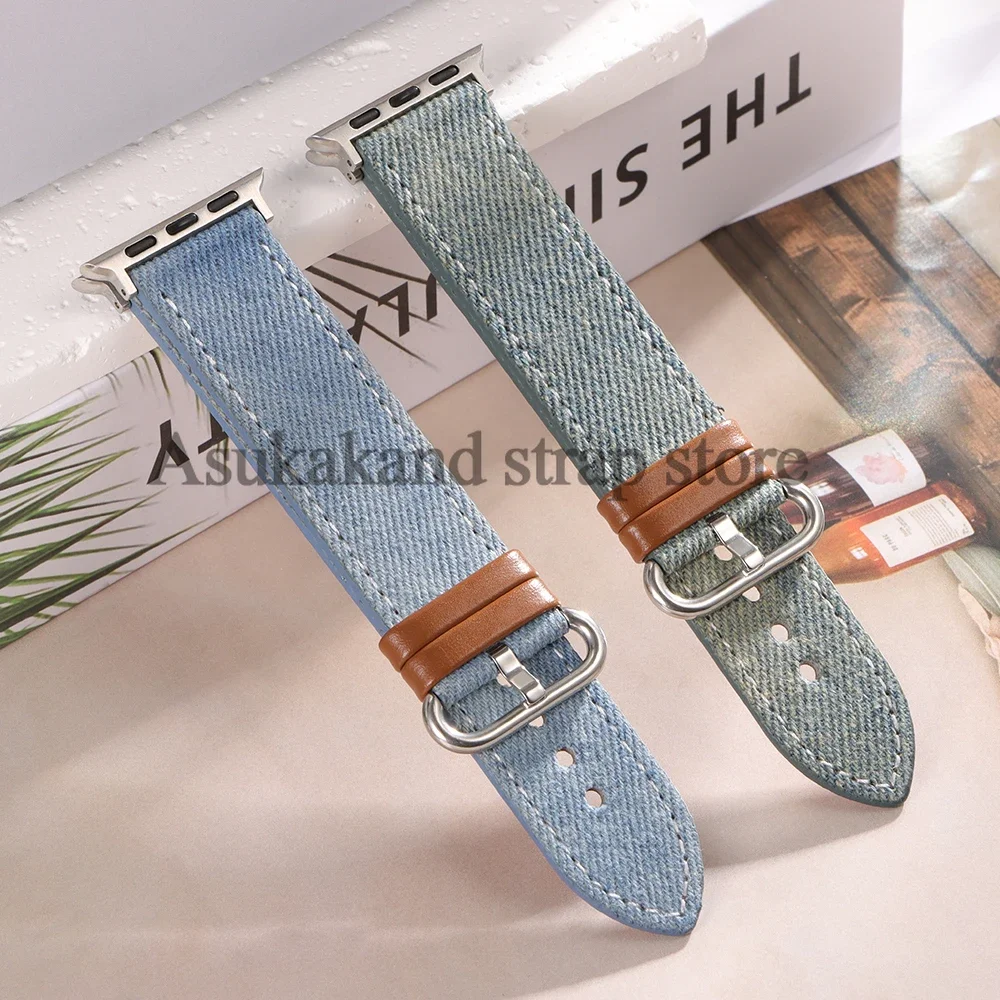 Blue Cowboy Material Canvas Cowhide Men Women Strap for Apple Watch7 8 Band  for Iwatch Series 10 9 Band 42 44mm 45mm 46mm 49mm