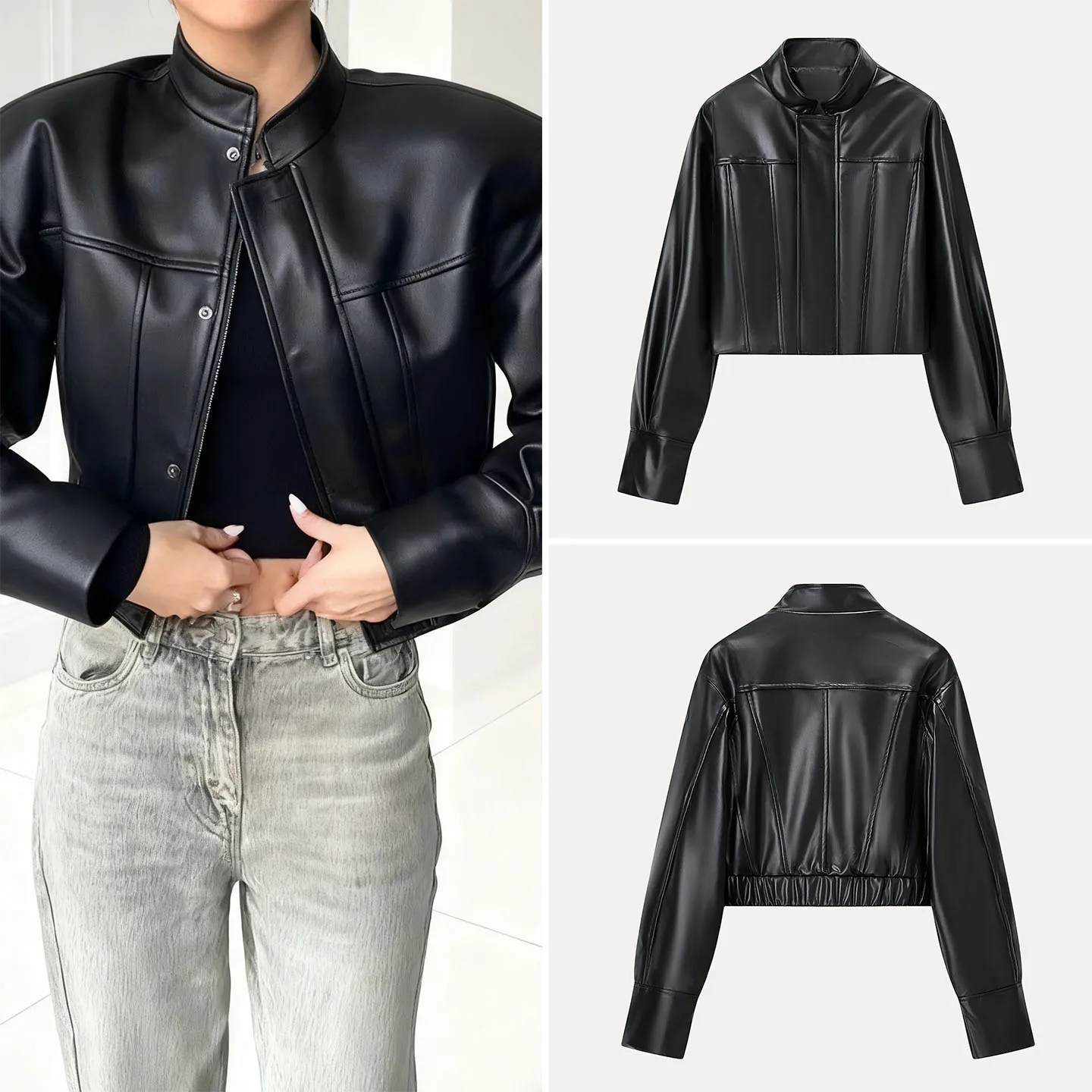 

ort Leather Jaet Women's Sle Simple Commute Daily ort Leather Coat 2025 Autumn New Arrival Z Stand Fit