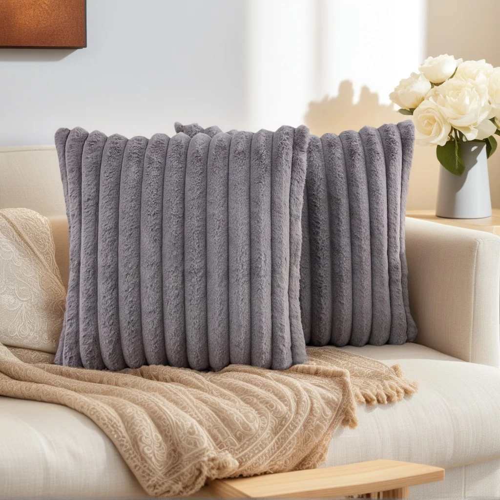 2er-Pack Künstliche Plüsch-Kissenbezüge, Luxuriöse Weiche Gestreifte Dekorative Kissenbezüge, Geeignet für Sofa-Innenräume – Detail 15