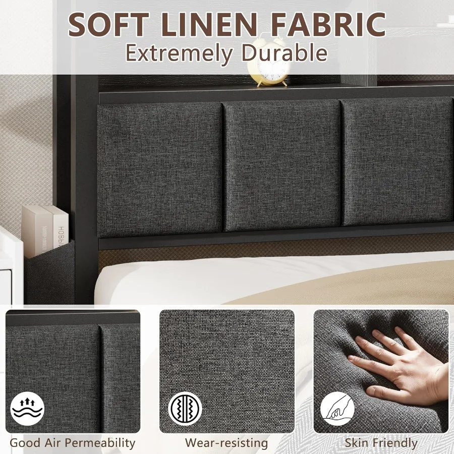 إطار سرير كامل الحجم مع لوح رأسي منجد يتميز بأدراج تخزين مدمجة ومحطة شحن مدمجة وإضاءة LED محيطة