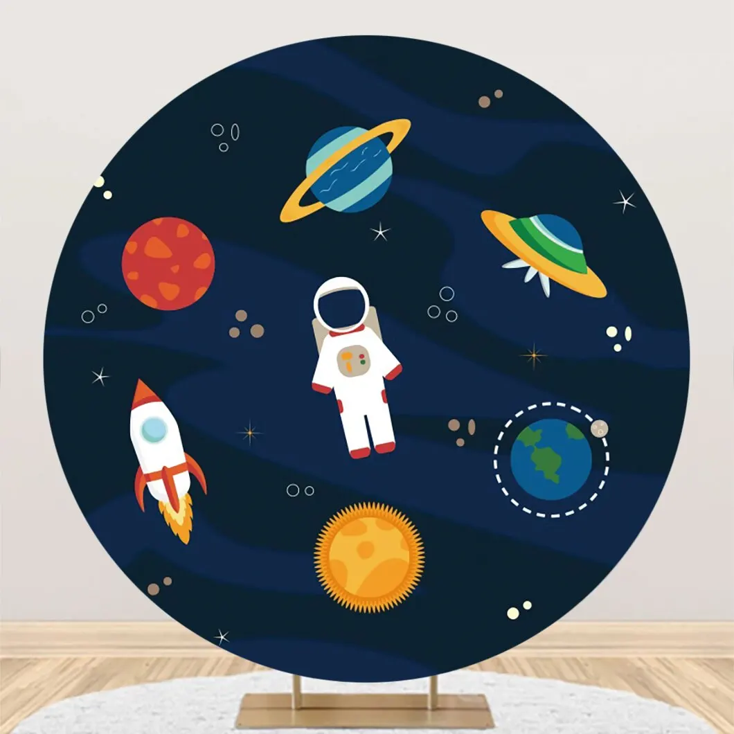 Outer Space Theme Round Backdrop Cover for Baby Happy Birthday Party Planet Galaxy Astronaut Kid Portrait Photography Background