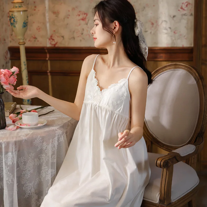 

Spaghetti Strap Nightgown for Women Summer Cotton Sexy Lace Princess Sleepwear Embroidered with Chest Cushion Home Wear Spring