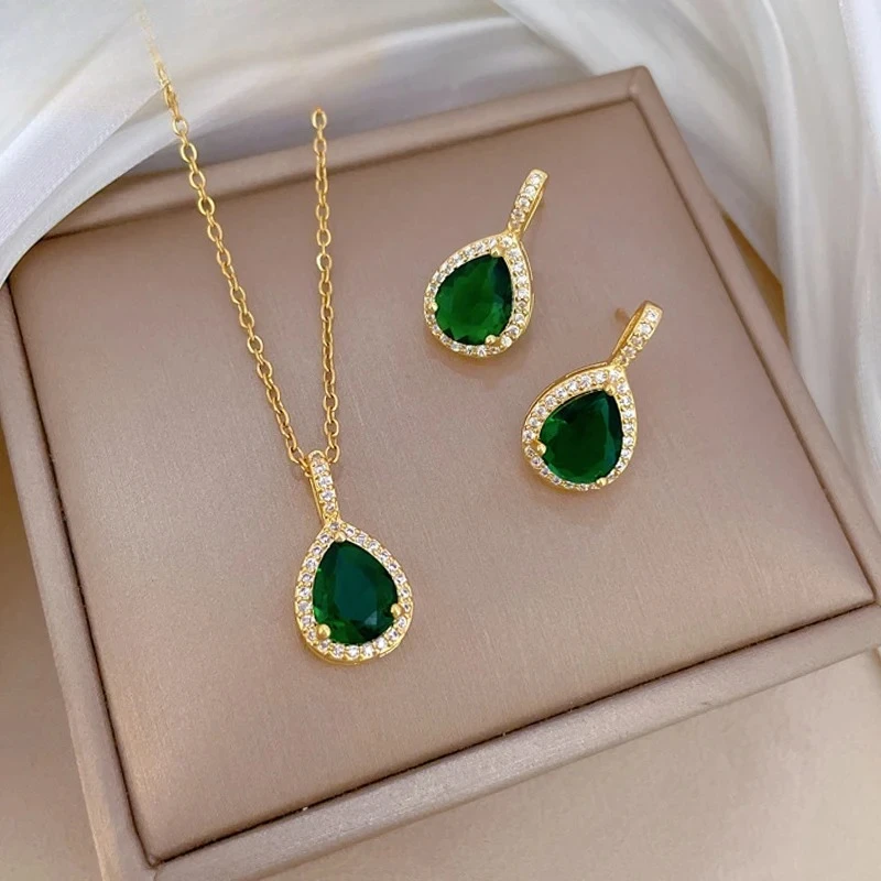 النسخة الكورية قطرة الماء الأخضر تقليد الأحجار الكريمة قلادة وأقراط مجموعة من الأقراط والقلائد الرائعة والراقية