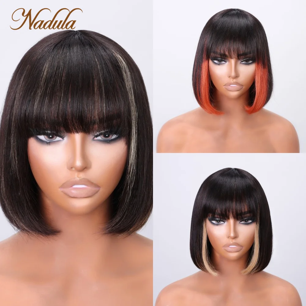 

Nadula Hair Straight Bob Wig With Bangs Highlight Color With Black Hair Full Machine Made 100% Human Hair Wigs