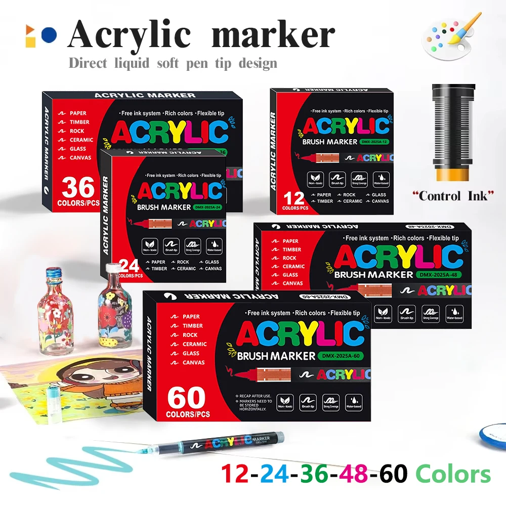 

12-60 цветов Маркер для акриловой краски Кончик кисти Краска Маркер Для Наскальная живопись Дерево Холст Камень Рождественский подарок Поделки своими руками