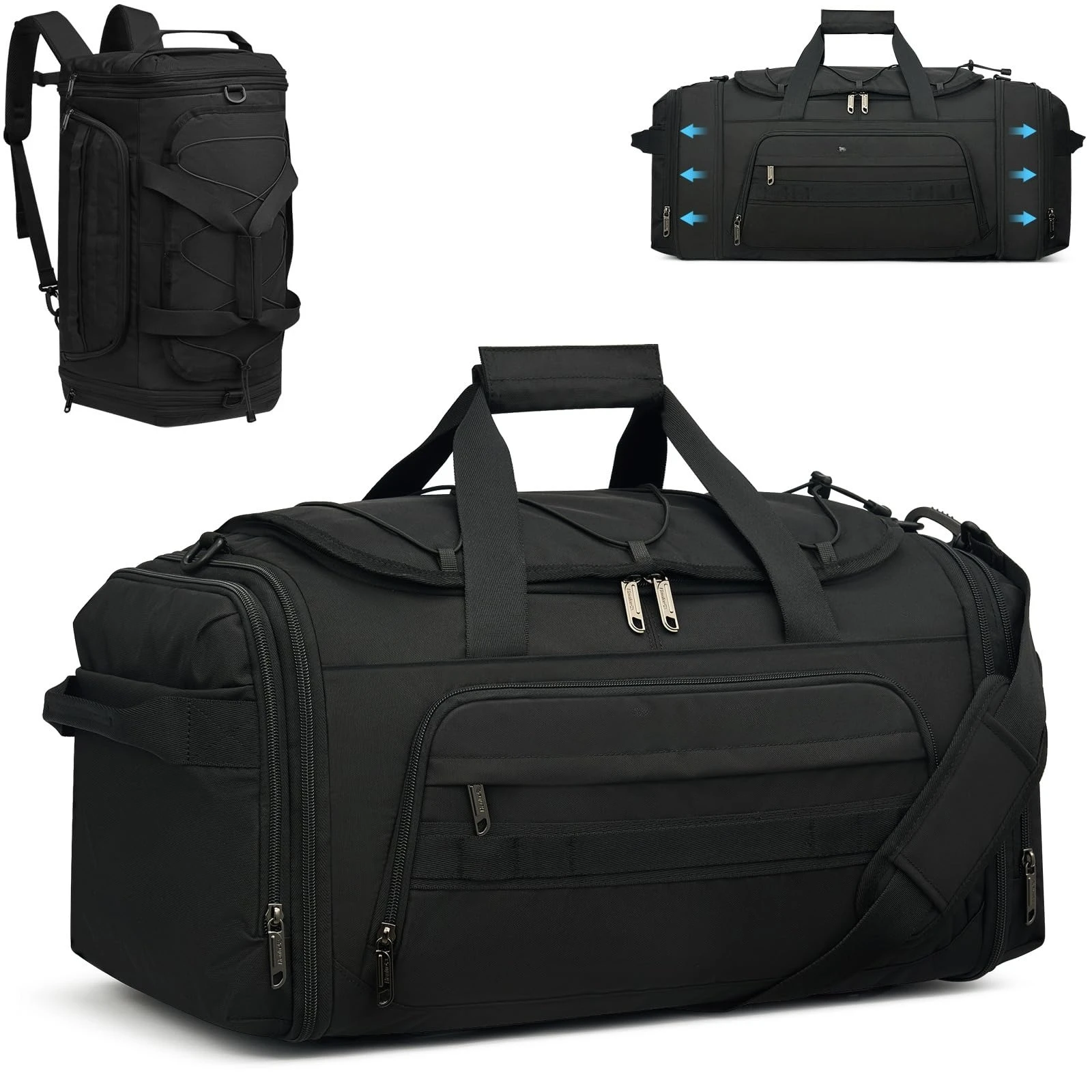 Dual Expandable Travel Duffle Bag, Carry On Weekender Tote, Water Resistant Overnight Bag With Laptop Compartment And Shoe Pocket For Men Women, Black Large Capacity Shoulder Backpack