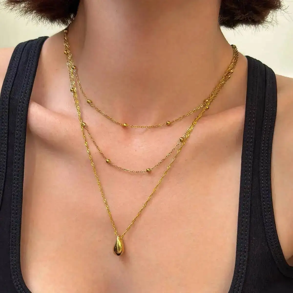 

KunJoe 3Pcs/Set Stainless Steel Creative WaterDrop Pendant Necklace Women Punk Stackable Bead Clavicle Chain Waterproof Jewelry