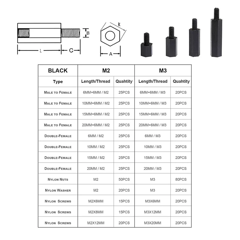 320Pcs M2 Male Female Hex Nylon Spacer Standoff Screw Threaded Pillar PCB Motherboard Standoff