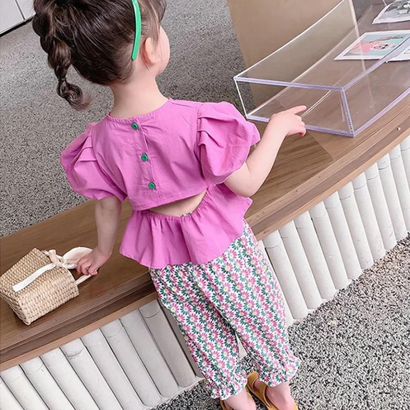 Girls' Set Off-Shoulder Puff Sleeve Fresh Top with Polka Dot Capri Pants25Summer New Foreign Trade Children's Wear