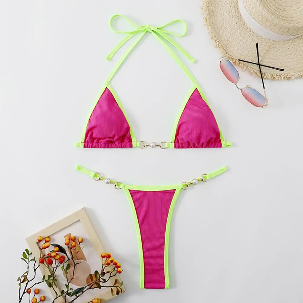 2 Pcs/Set Women Bikini Set Contrast Color Halter Neck Three-point Imitation Pearl Deep V Neck Swimming Suit Bathers