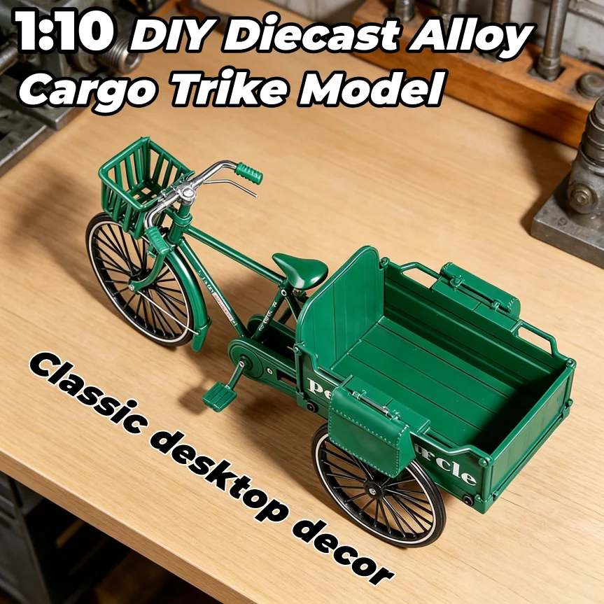 1:10 Scale DIY Assembly Alloy Pedal Tricycle Model Retro Cargo Trike Home Office Decor Shelf Ornament Desktop Decoration Gift