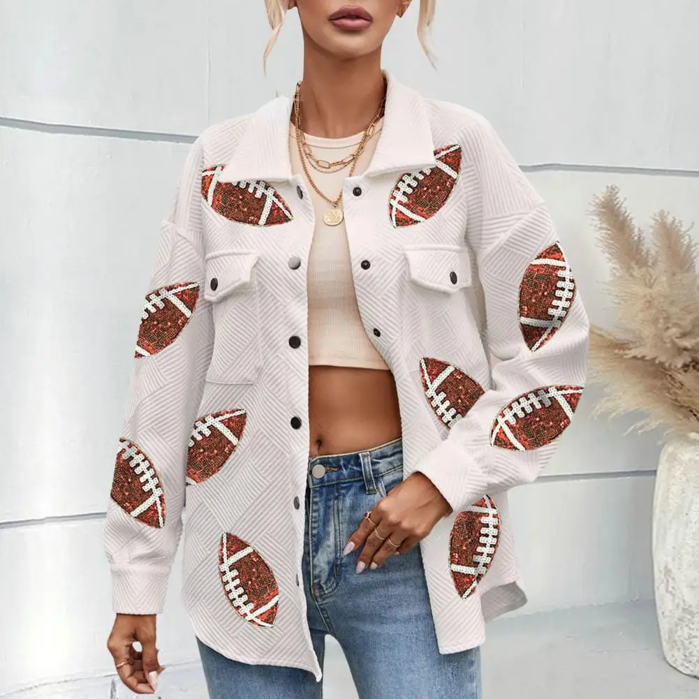 Women Spring Coat Sequin Rugby Ball Pattern Turn-down Collar Single-breasted Patch Pockets Loose Long Sleeve Lady Shirt Jacket